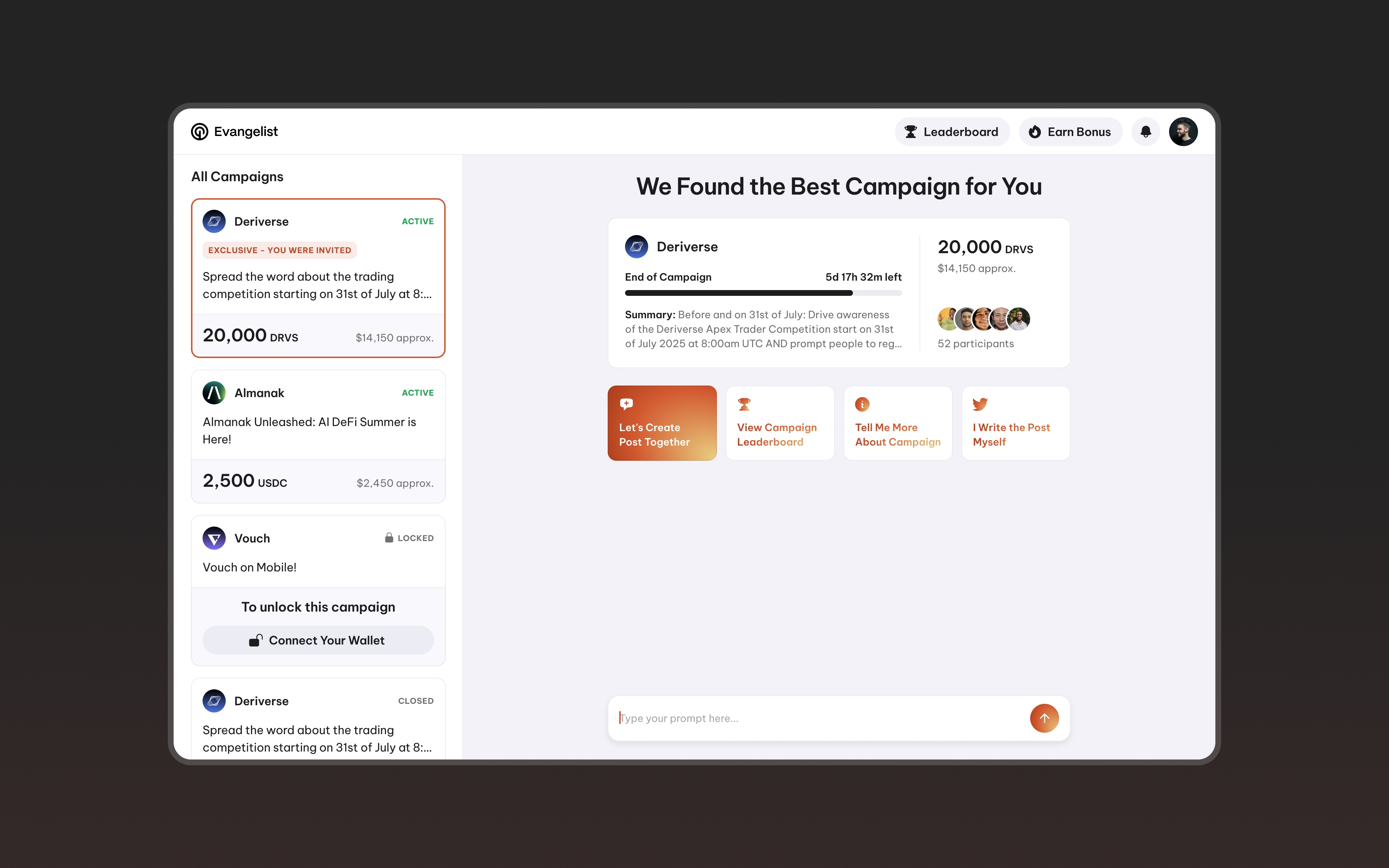 Evangelist creator dashboard